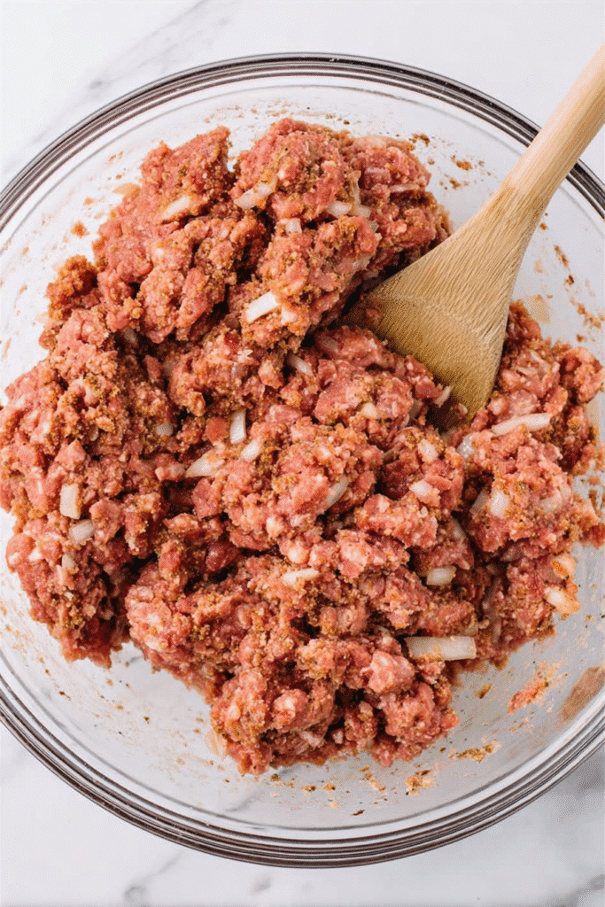 Combined meatloaf mixture with onions and breadcrumbs in a bowl