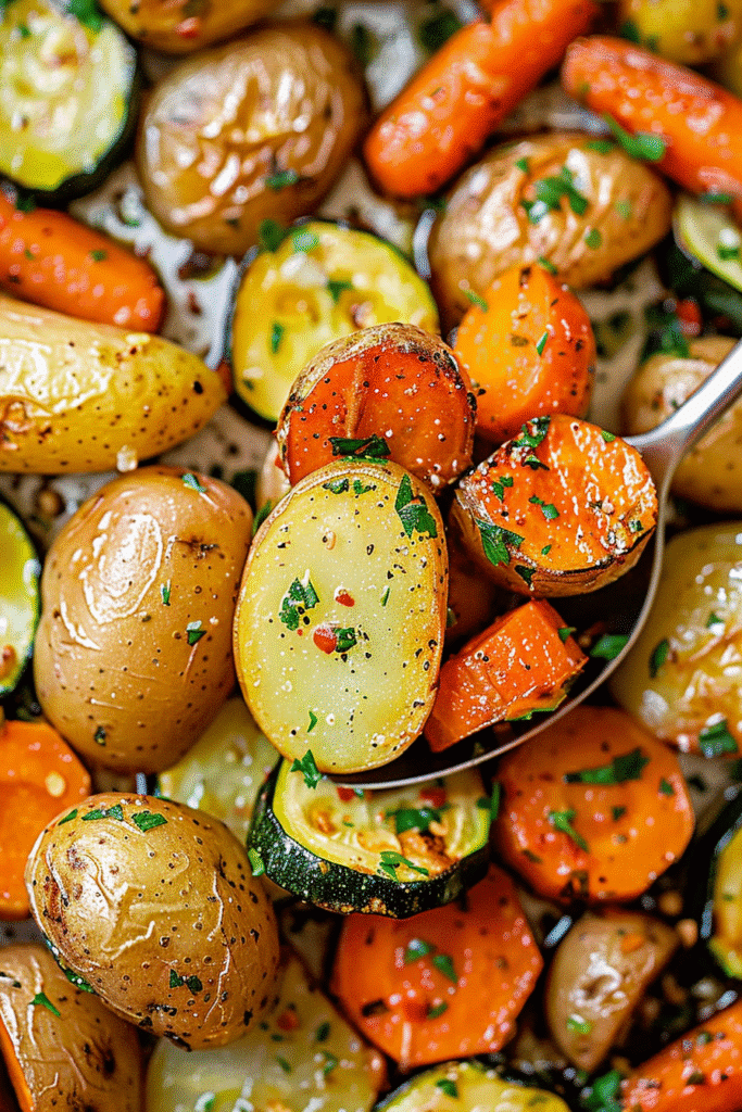 Close-up of roasted baby potatoes, carrots, and zucchini with herbs on a metal baking tray.