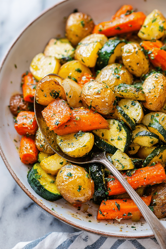 Spoon scooping roasted baby potatoes, carrots, and zucchini with herbs from a rustic white bowl.