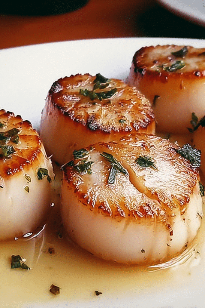 Pan-seared scallops with golden crusts and parsley in buttery sauce on a white plate.