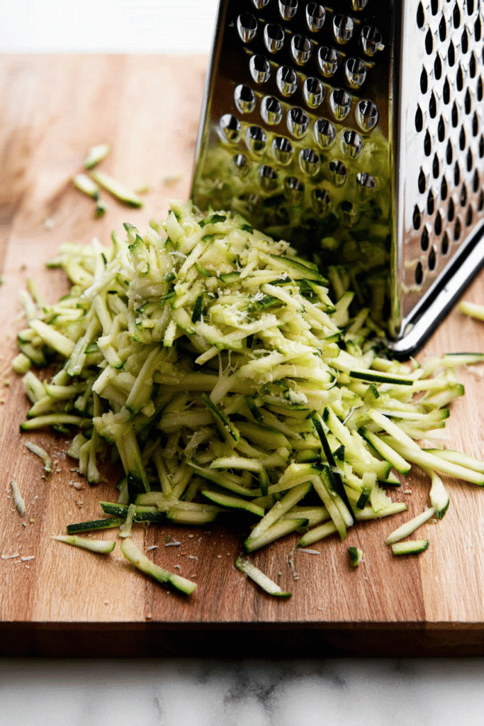 Grated zucchini on a wooden cutting board being prepared for chocolate zucchini bread recipe.