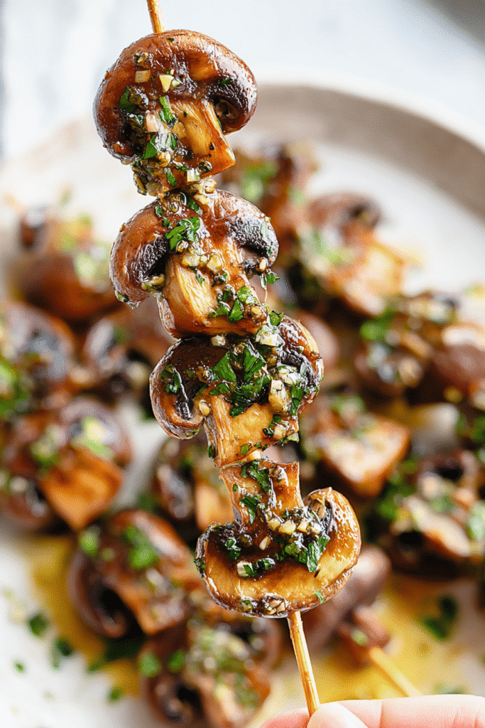 Hand holding a skewer of marinated mushrooms for grilled garlic mushroom skewers.