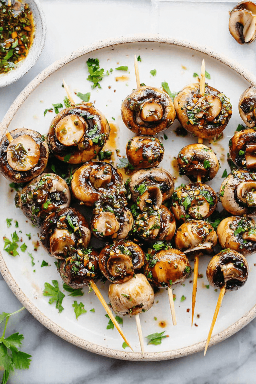 Grilled garlic mushroom skewers topped with herbs on a ceramic plate.