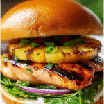 Grilled Hawaiian chicken sandwich with caramelized pineapple, leafy greens, red onion, and glossy brioche bun.