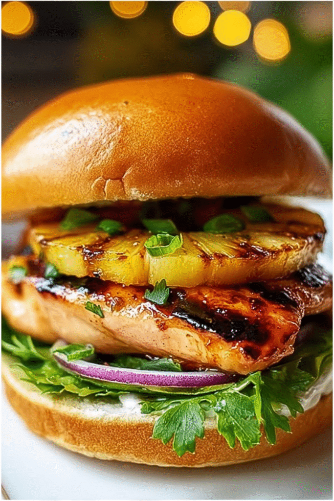 Grilled Hawaiian chicken sandwich with caramelized pineapple, leafy greens, red onion, and glossy brioche bun.