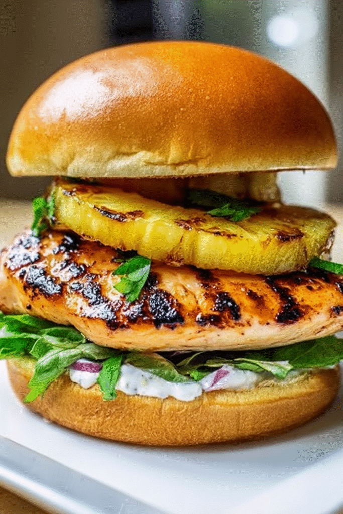 Close-up of grilled Hawaiian chicken sandwich with pineapple slice, leafy greens, and creamy sauce on a toasted bun.
