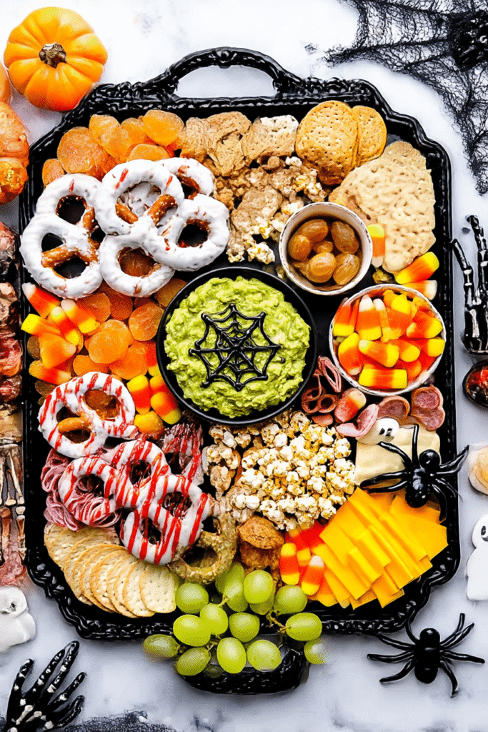 Spooky Halloween snack board with white chocolate Halloween pretzels, dips, fruit, and festive treats.