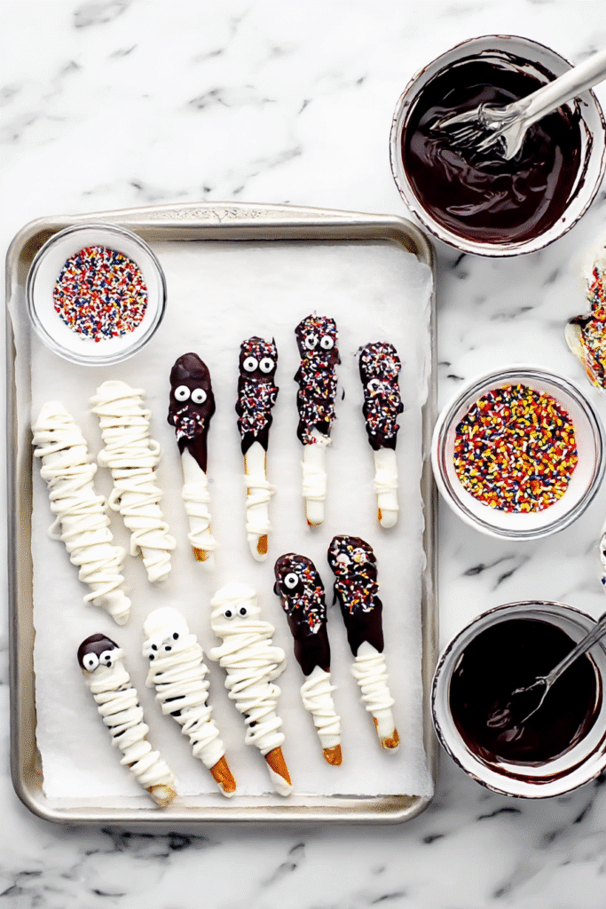 Halloween pretzel rods decorated as mummies, stitched monsters, and sprinkled ghosts on a tray with toppings.