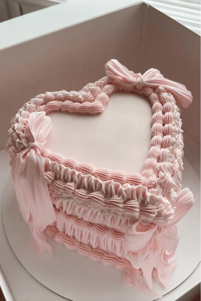 Heart-shaped vintage cake with pink frosting, piped ruffles, and satin bows in a bakery box.