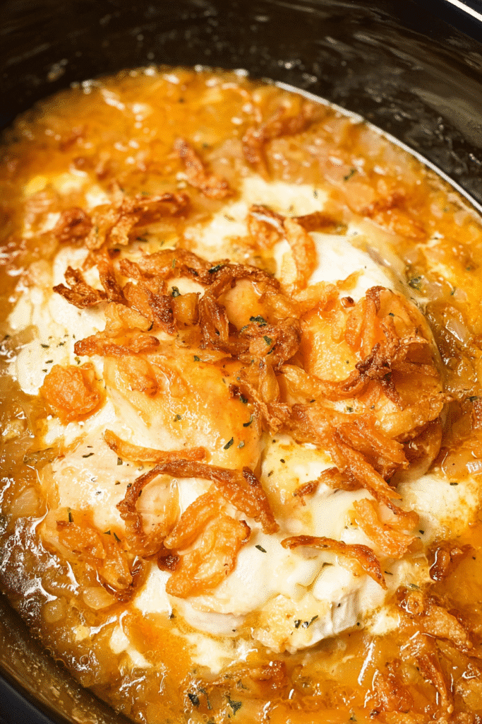 Slow-cooked Crock Pot French Onion Chicken topped with melted cheese and crispy fried onions in a rich golden onion gravy.