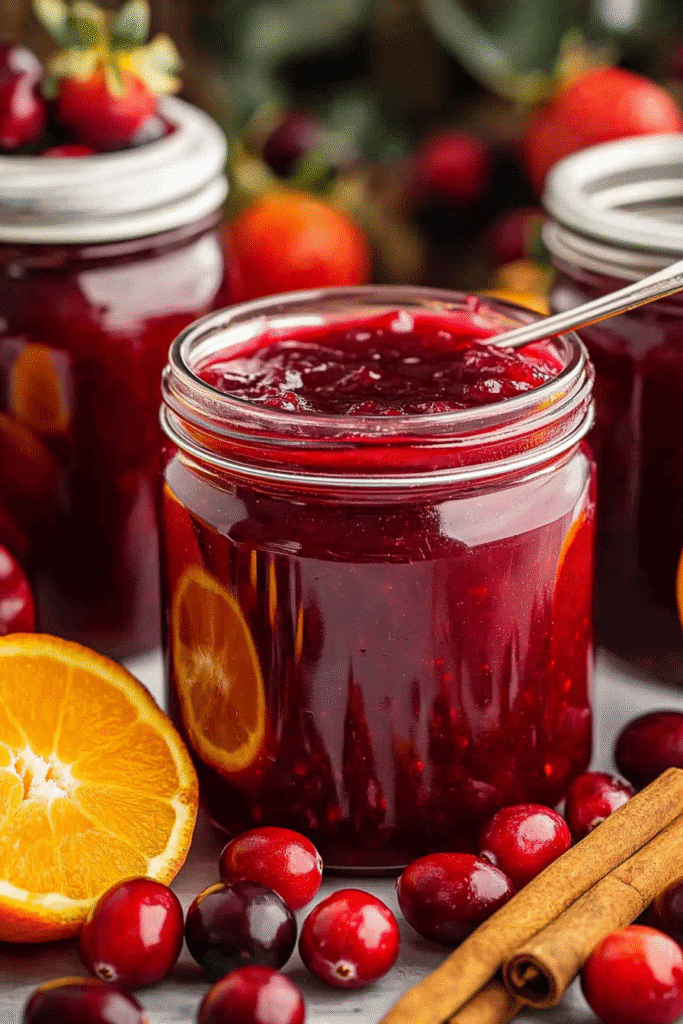 Jar of homemade cranberry sauce with strawberries, cranberries, oranges, and cinnamon on a rustic kitchen counter