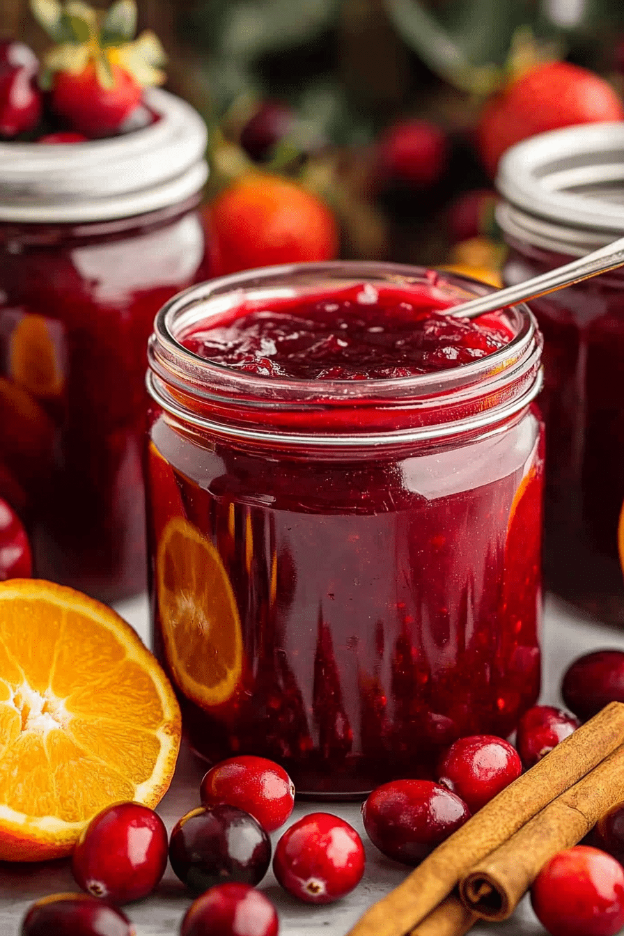 Jar of homemade cranberry sauce with strawberries, cranberries, oranges, and cinnamon on a rustic kitchen counter