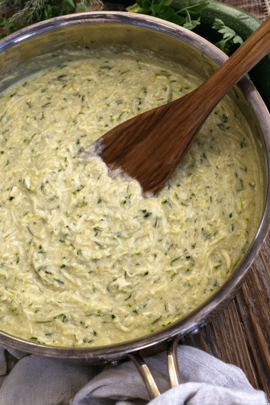 Creamy zucchini sauce in a skillet with wooden spoon, showing smooth and chunky texture