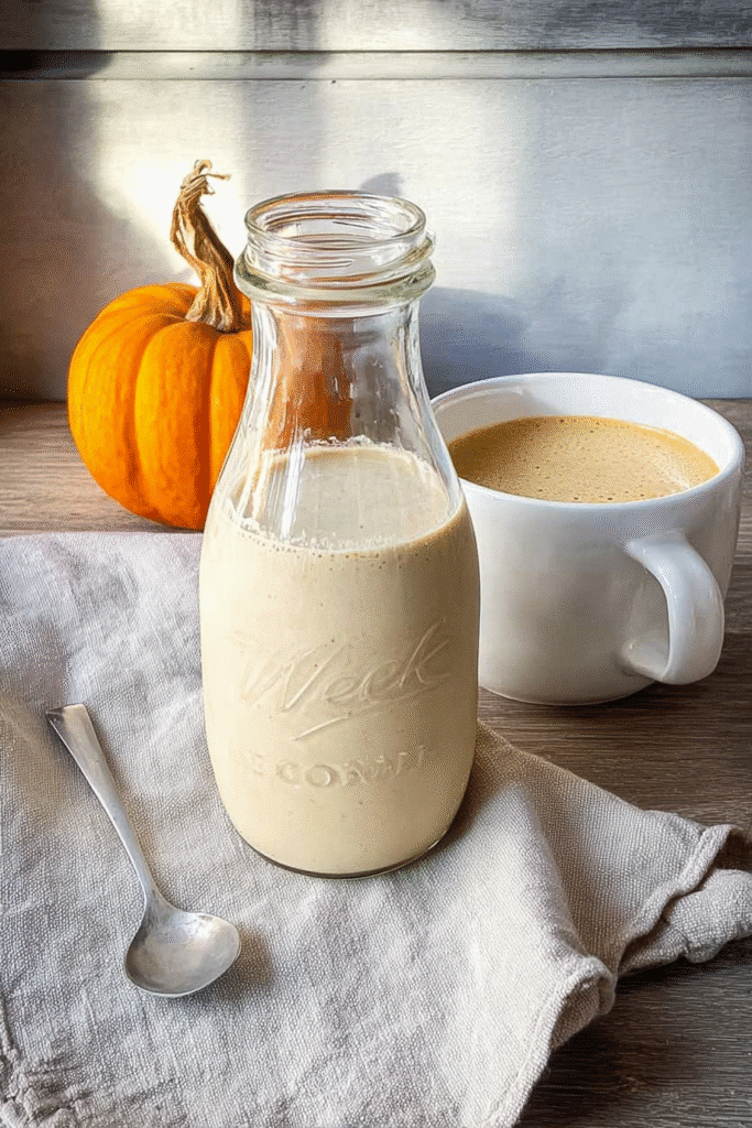 Glass bottle of pumpkin spice coffee creamer with pumpkin and coffee on linen