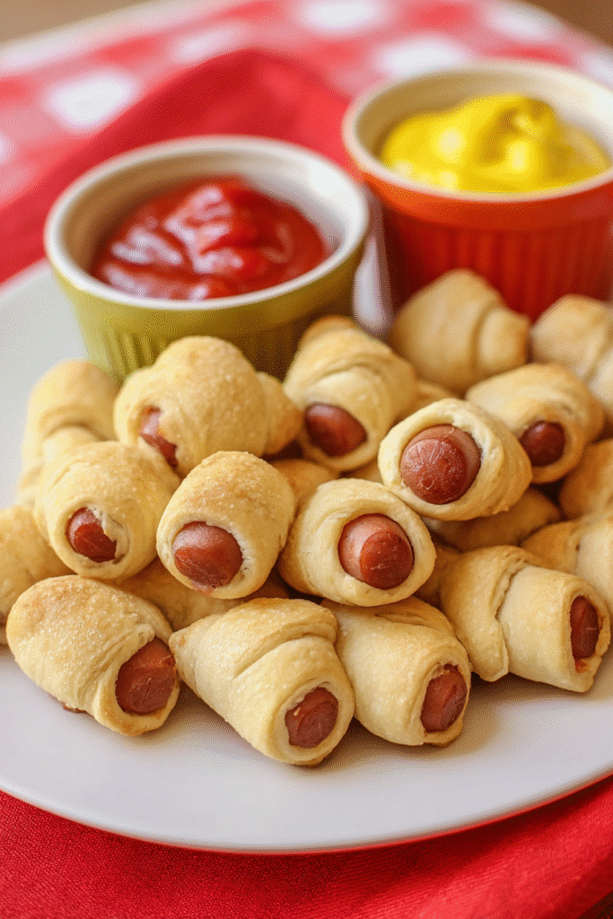 Golden-brown hot dog nuggets served with ketchup and mustard on a white plate.