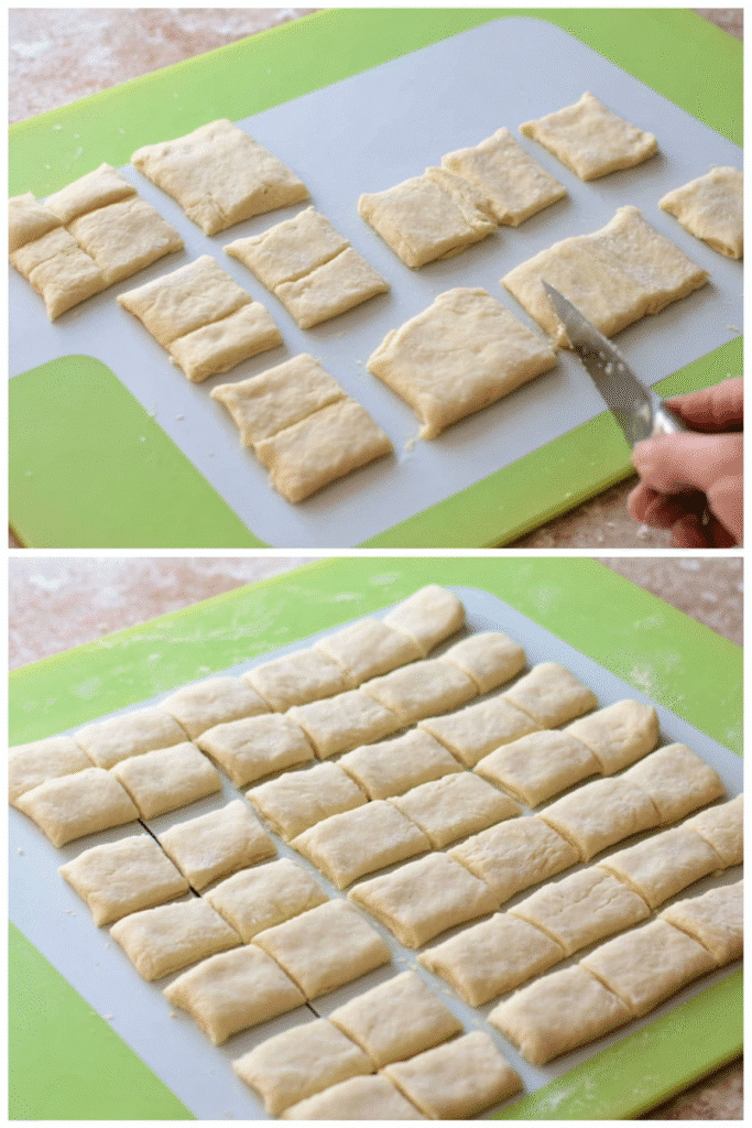 Step-by-step collage showing how to cut dough for wrapping hot dog nuggets.