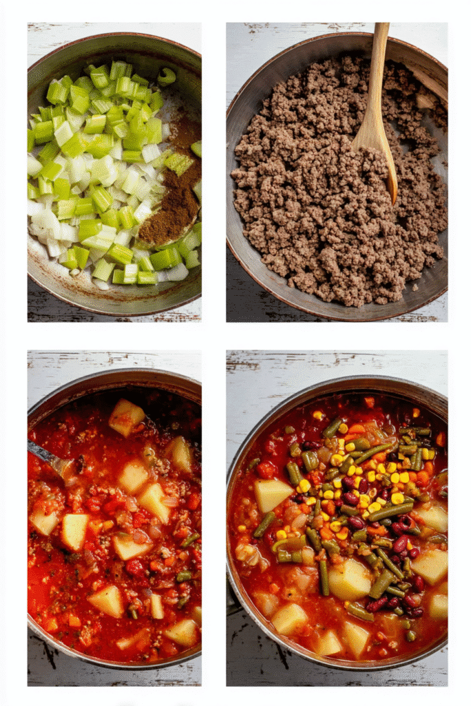Step-by-step images showing how to make cowboy soup from sautéing and browning meat to adding vegetables and simmering.