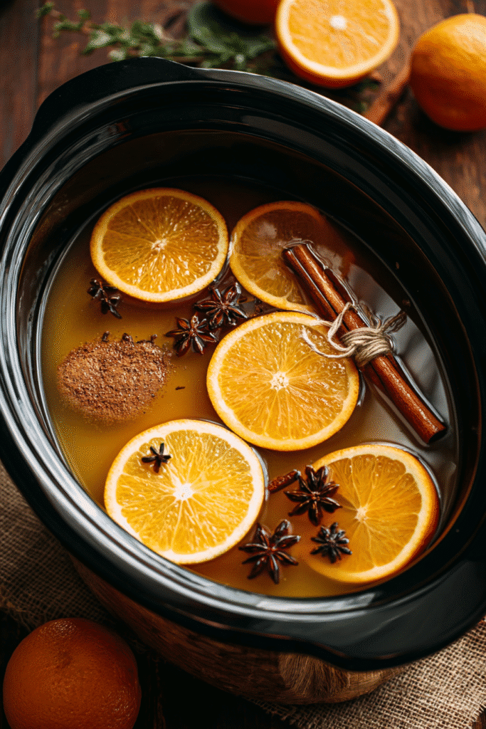Step-by-step crockpot mulled cider preparation with orange slices, cinnamon sticks, and star anise on rustic wood background