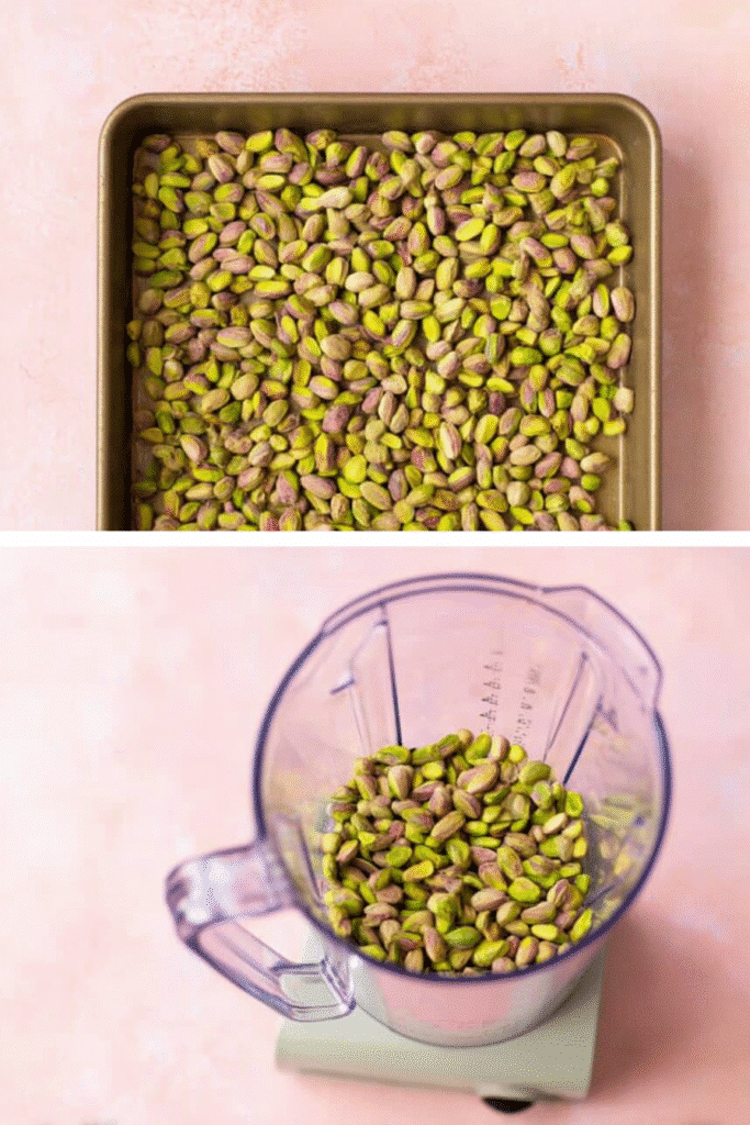 Step-by-step images showing pistachios in a baking tray and then in a blender—how to make pistachio butter at home.