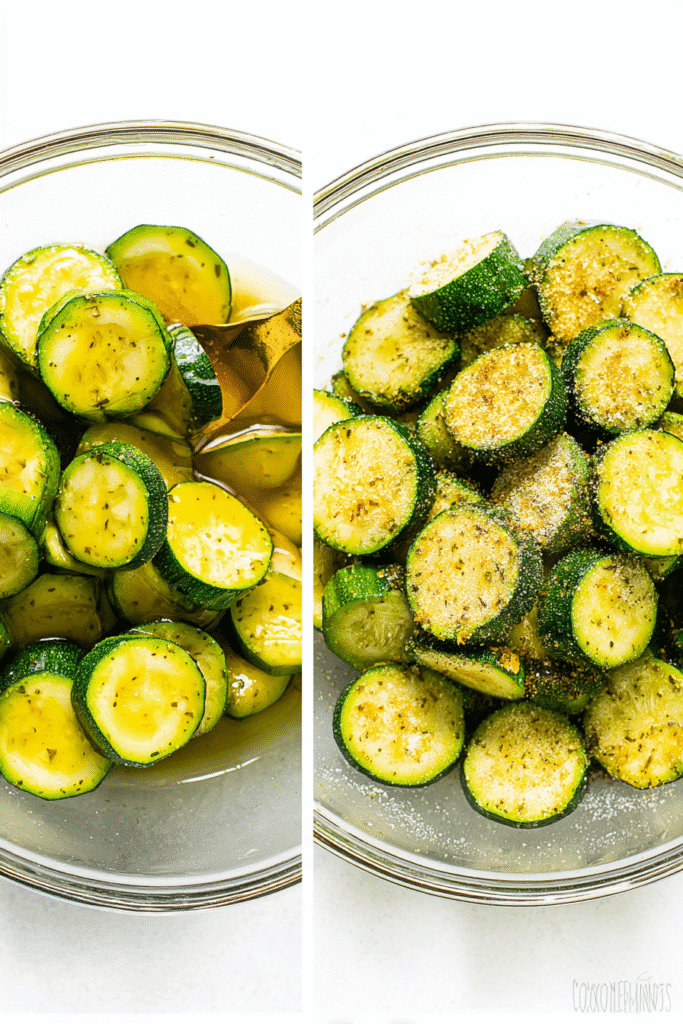 Zucchini slices coated with olive oil and Parmesan seasoning in glass bowls before cooking.