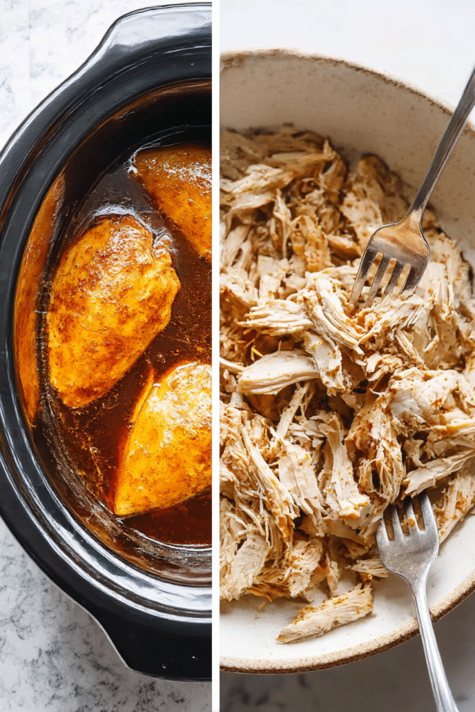 Cooked teriyaki chicken in crock pot next to shredded chicken being pulled with forks for easy crock pot teriyaki chicken.
