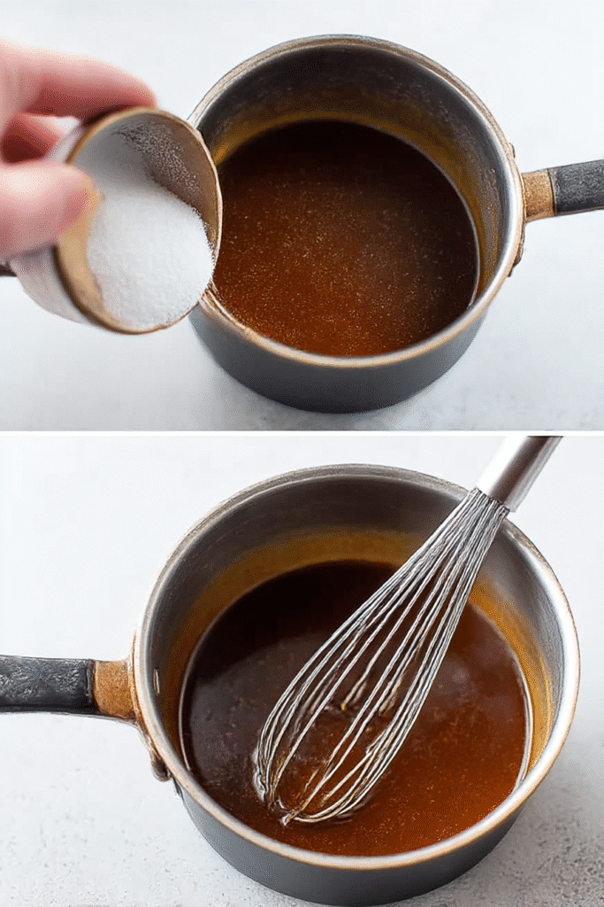 Pouring cornstarch slurry into teriyaki sauce and thickening it for easy crock pot teriyaki chicken.