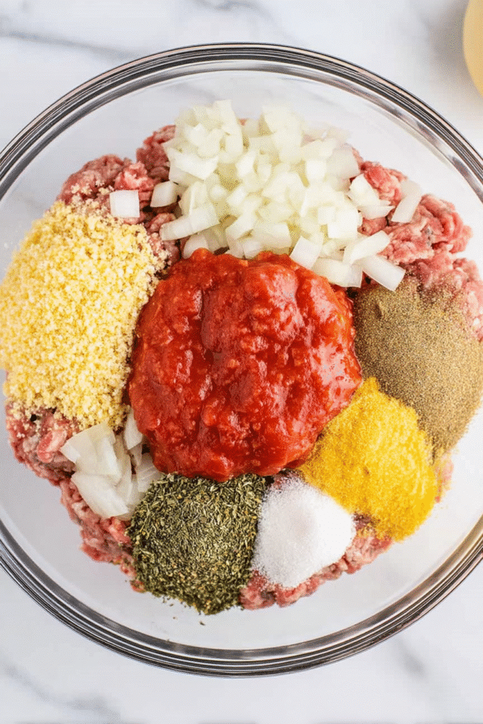 Raw muffin pan meatloaf ingredients arranged in a mixing bowl