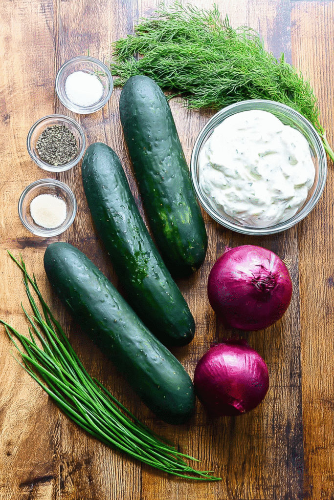 Fresh ingredients for creamy cucumber salad including cucumbers, dill, red onion, sour cream, and seasonings on a wooden surface.