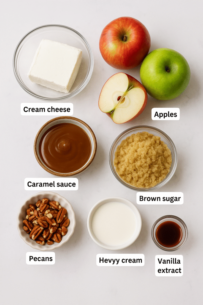 Labeled ingredients for easy caramel apple cheesecake dip recipe including cream cheese, caramel, apples, pecans, and more.
