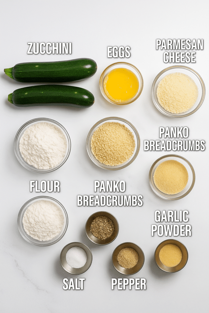 Ingredients for crispy garlic parmesan zucchini fries in air fryer displayed on a white background with labeled bowls and fresh zucchini.