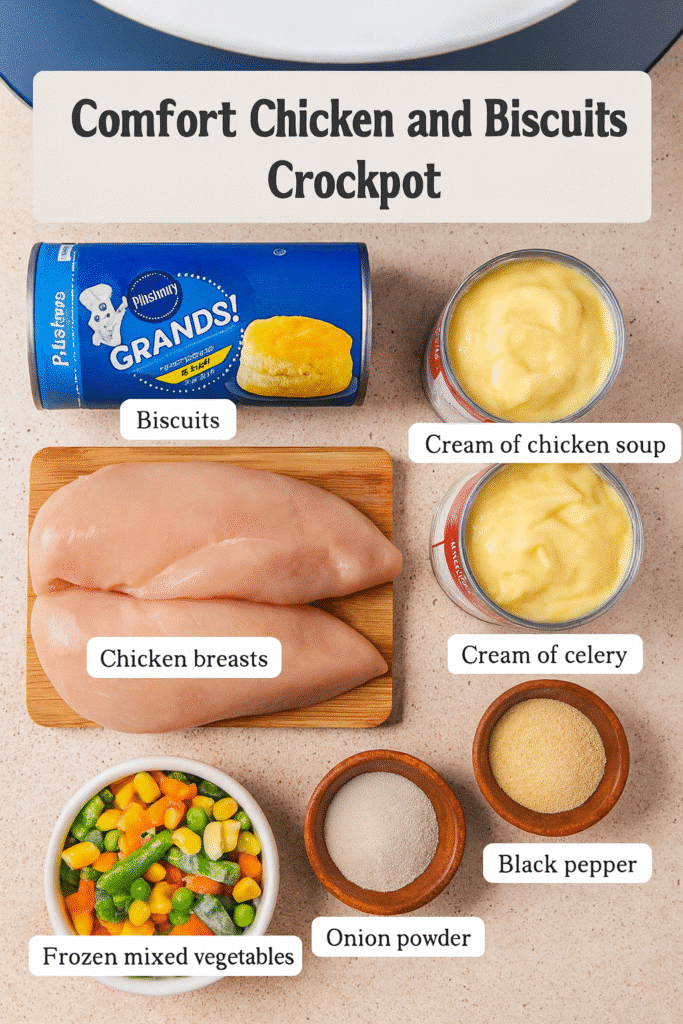 Ingredients for crock pot chicken pot pie including chicken, biscuits, vegetables, soups, and seasonings.