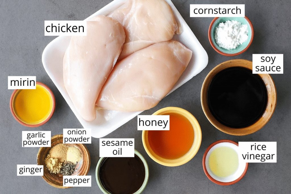 Flat lay of ingredients for easy crock pot teriyaki chicken including chicken, sauces, and spices.