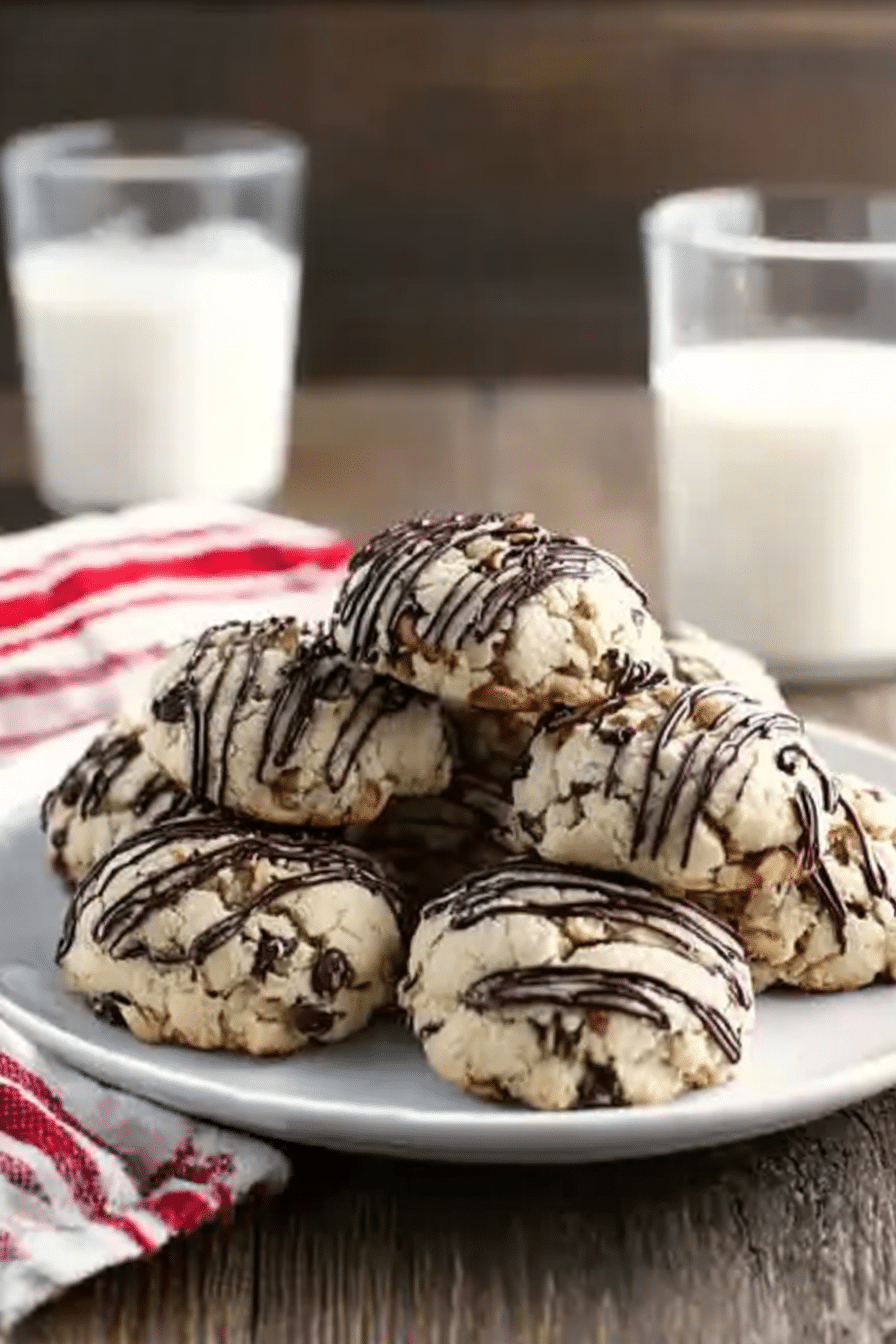 Homemade Italian Christmas cookies drizzled with dark chocolate on a white plate, served with milk and holiday linens