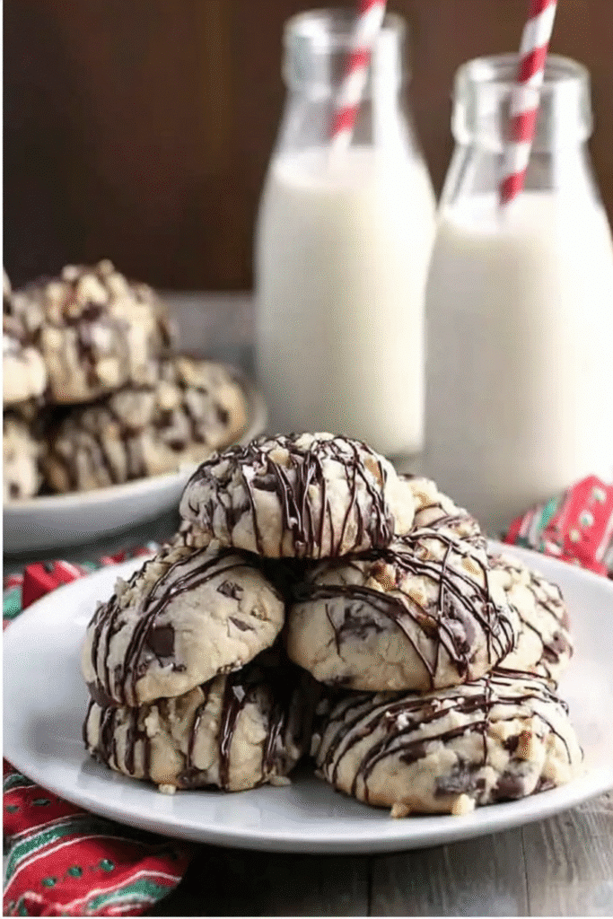 Stack of Italian Christmas cookies drizzled with dark chocolate, served with milk bottles and red-striped straw for a festive holiday treat
