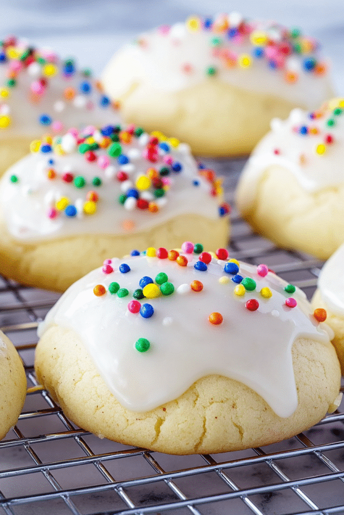 Italian ricotta cookies with white glaze and colorful sprinkles on a cooling rack.
