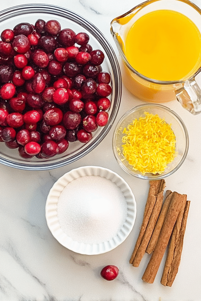 Overhead view of homemade jam recipe ingredients including cranberries, orange juice, sugar, zest, and cinnamon