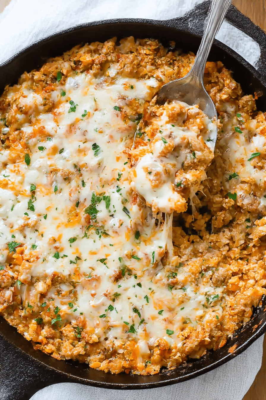 Low-Carb Sausage Taco Cauliflower Rice Skillet (Vertical Recipe Image) Vertical image of a sausage taco cauliflower rice skillet with melty cheese and a serving spoon in a black cast iron pan.