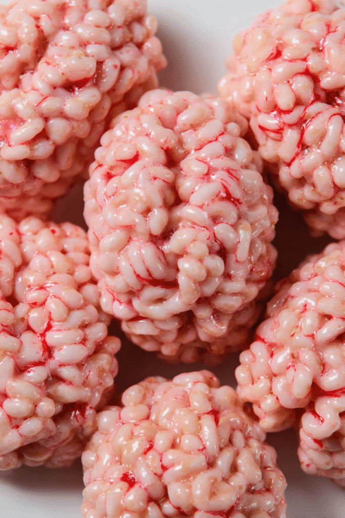 Pink marshmallow rice bubbles shaped like Halloween brains with red veining