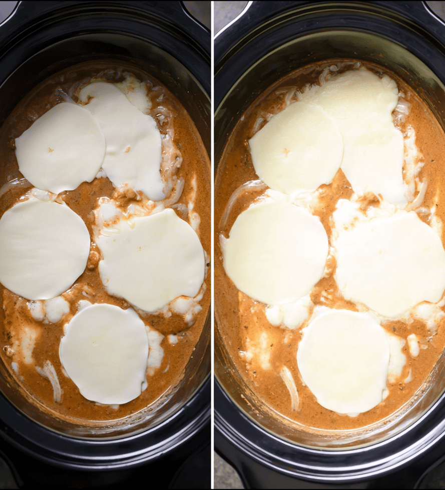 Cheese melting over Crock Pot French Onion Chicken, showing before and after layering provolone slices onto the sauce.