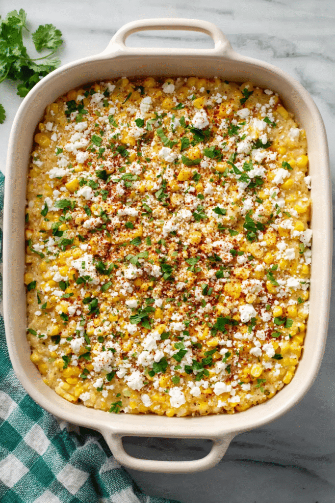 Mexican Street Corn Casserole in a white baking dish, topped with creamy cheese, fresh cilantro, and chili powder on a marble surface