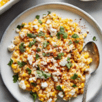 Mexican Street Corn Casserole served on a white plate, topped with cheese, chili powder, and cilantro