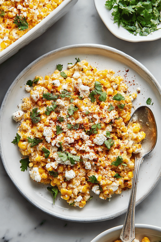 Mexican Street Corn Casserole served on a white plate, topped with cheese, chili powder, and cilantro