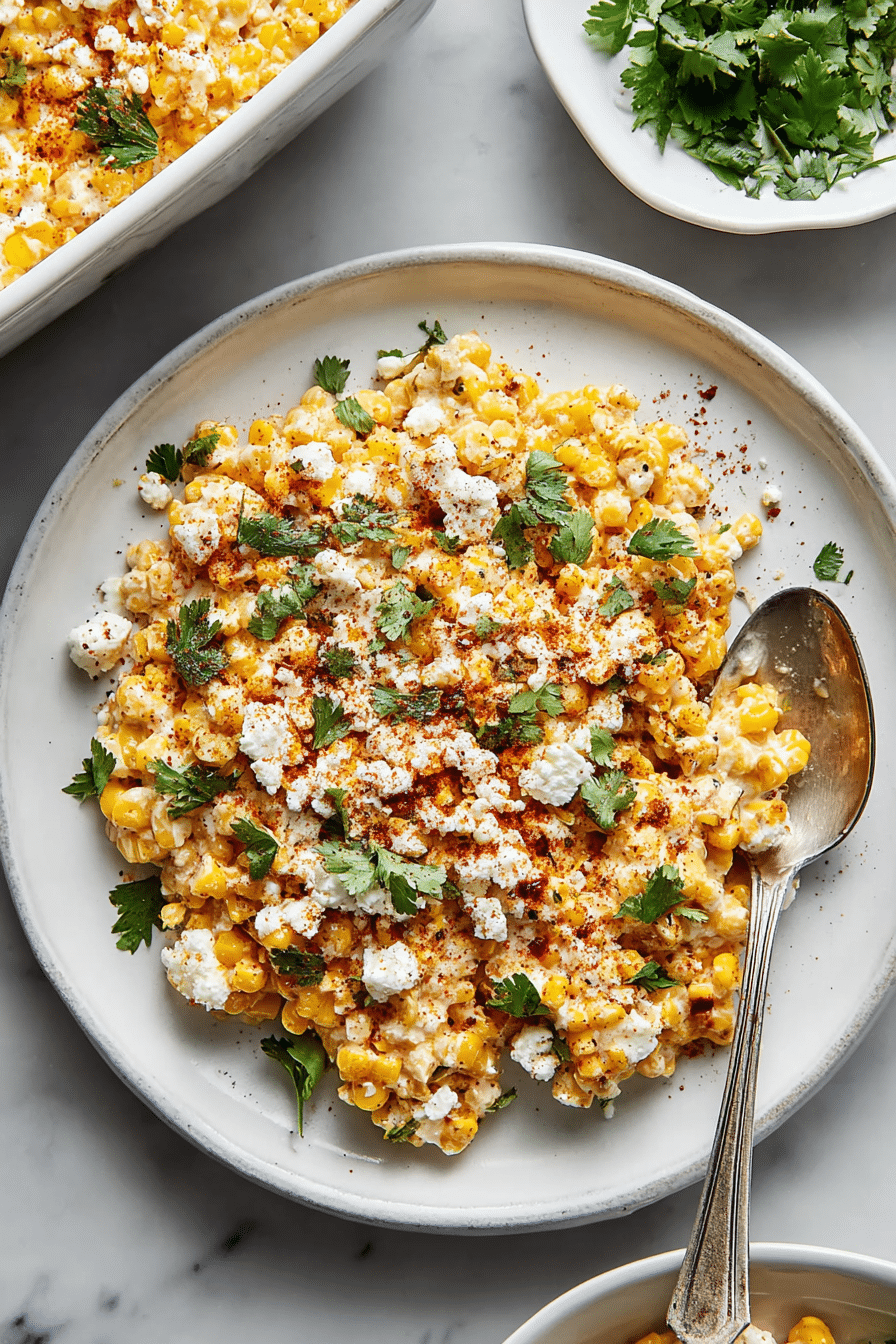 Mexican Street Corn Casserole served on a white plate, topped with cheese, chili powder, and cilantro