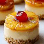 Mini pineapple cheesecake bite topped with a caramelized pineapple ring and cherry on a graham cracker crust.