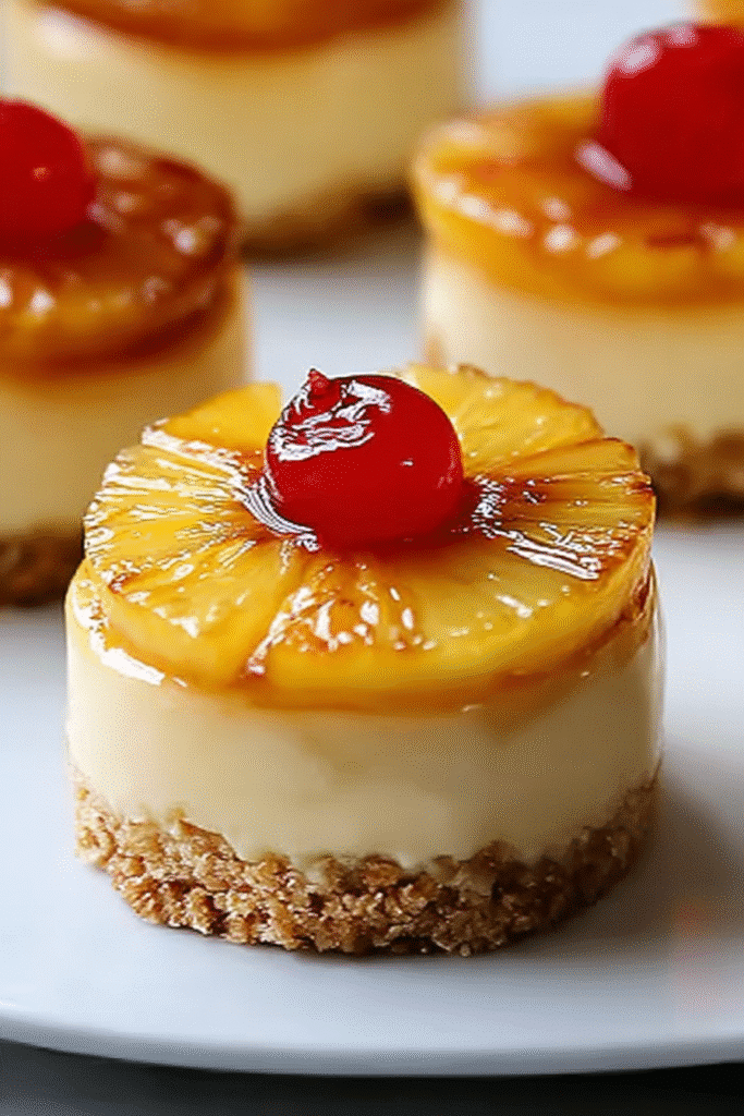 Mini pineapple cheesecake bite topped with a caramelized pineapple ring and cherry on a graham cracker crust.