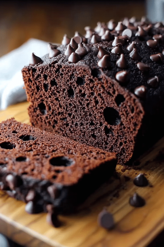 Moist chocolate zucchini bread loaf topped with chocolate chips, sliced to show soft and rich interior crumb on a wooden board.