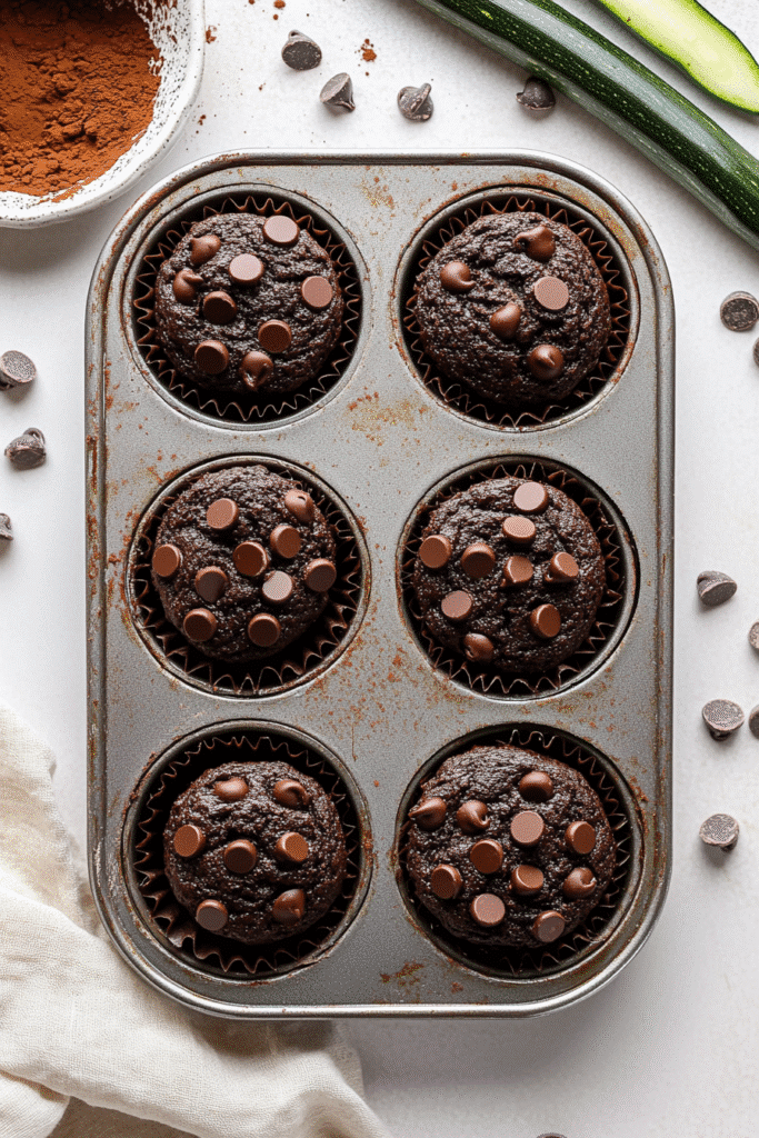 Overhead view of chocolate zucchini muffins in a vintage muffin tin with chocolate chips and fresh zucchini ribbons on a white surface.