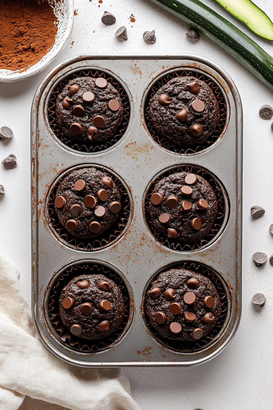 Overhead view of chocolate zucchini muffins in a vintage muffin tin with chocolate chips and fresh zucchini ribbons on a white surface.
