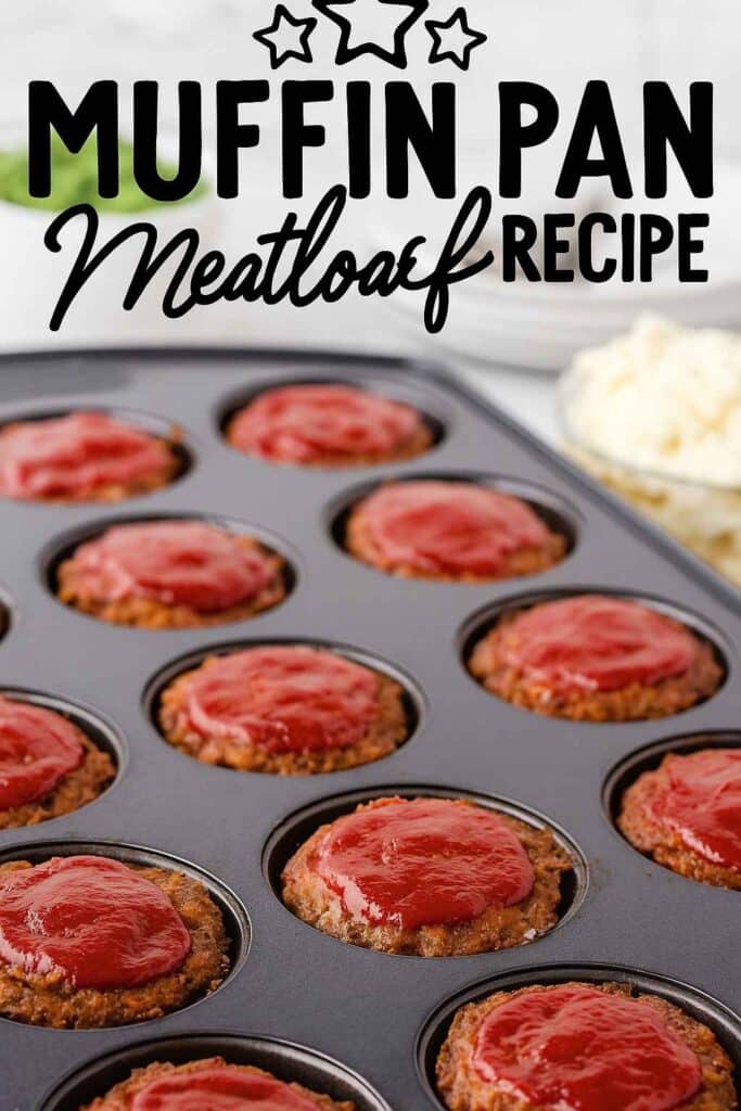 Muffin tin filled with baked mini meatloaves topped with ketchup glaze