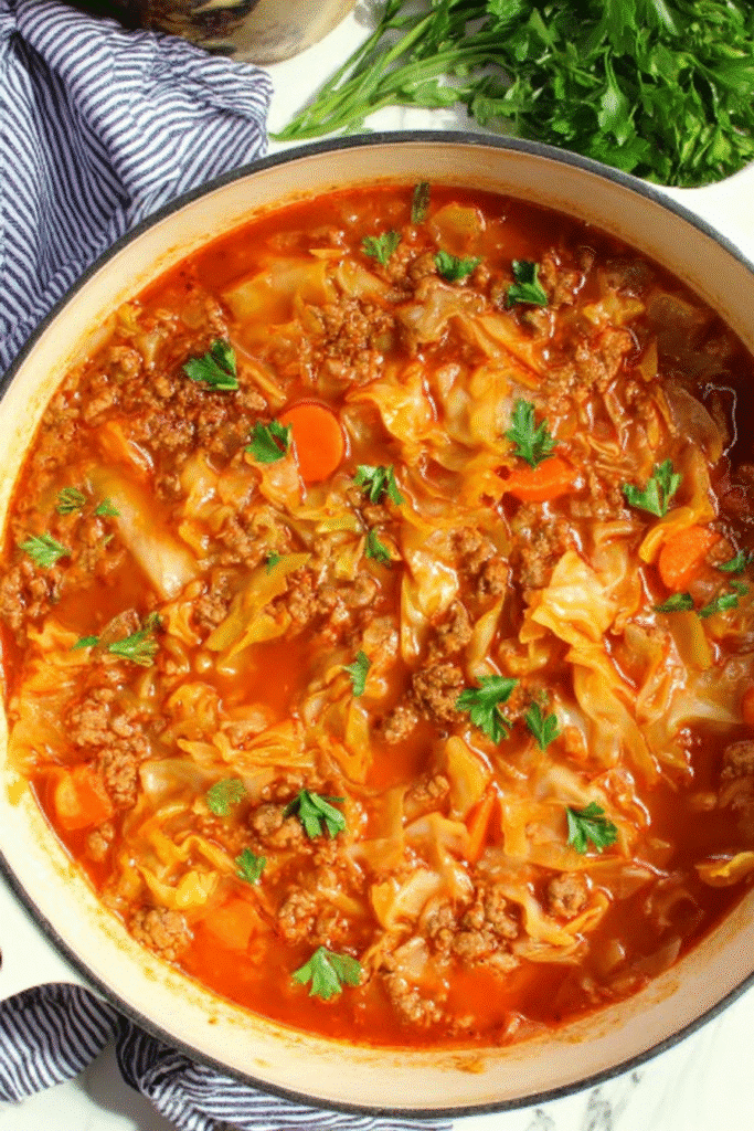 Cabbage roll soup in a Dutch oven with cabbage, beef, carrots, and rice in tomato broth.